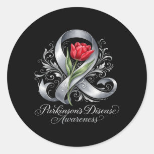 Parkinsons Disease Awareness Silver Ribbon and Red Classic Round Sticker