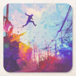 Parkour Urban Free Running Freestyling Modern Art Square Paper Coaster<br><div class="desc">A colourful artist's impression of parkour being practiced in an urban back street.</div>