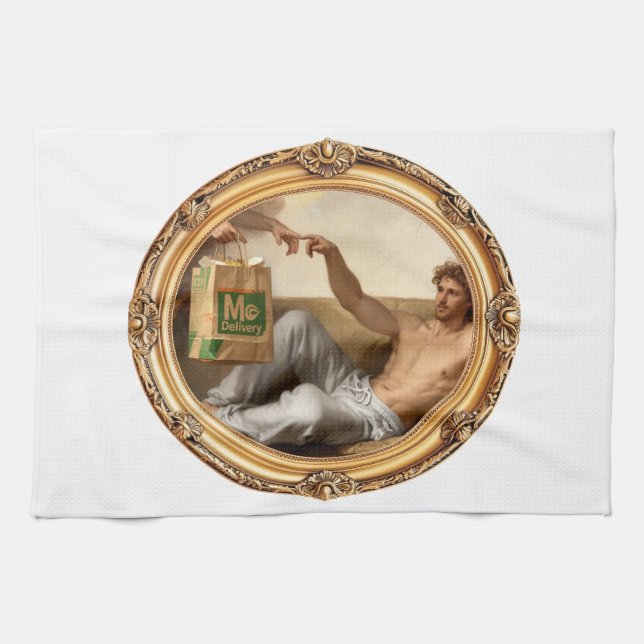 Parody Classical Painting with Takeout Bag | Funny Kitchen Towel (Horizontal)