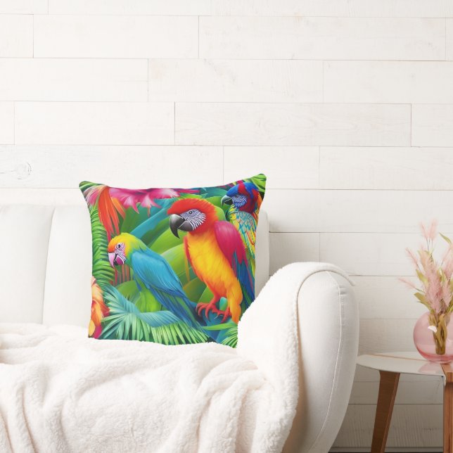 Parrot 3 Birds Tropical Floral palms blue green Throw Pillow (Couch)