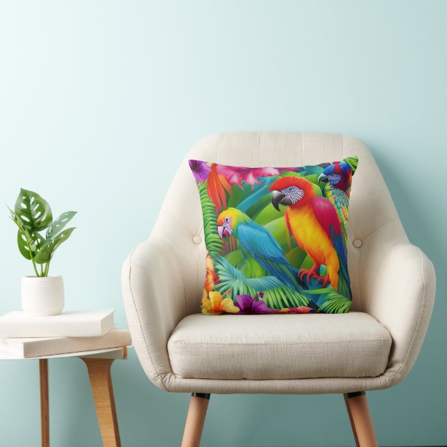 Parrot 3 Birds Tropical Floral palms blue purple  Throw Pillow (Chair)