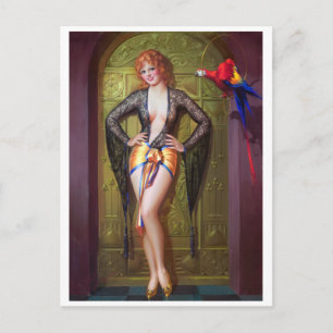 Parrot and Girl Behind Gold Door Pin Up Postcard