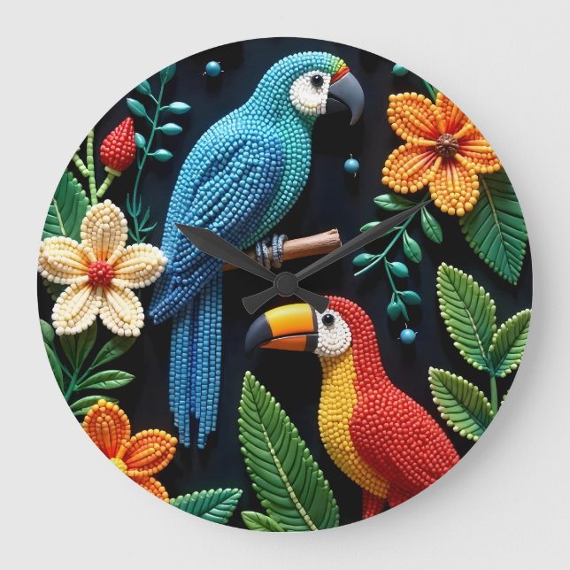 Parrot And Toucan in a Beaded Forest Large Clock (Front)