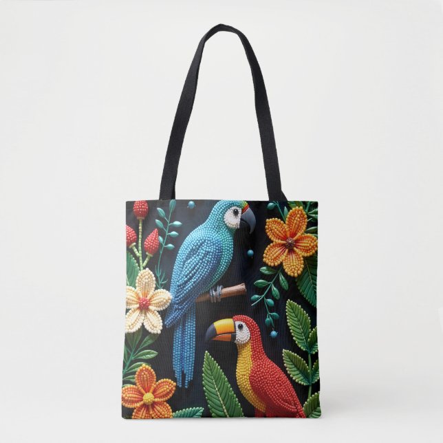 Parrot And Toucan in a Beaded Forest Tote Bag (Front)