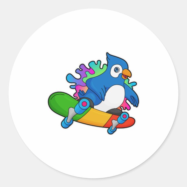 Parrot as Skater with Skateboard Classic Round Sticker (Front)