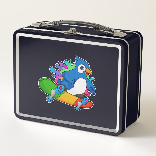Parrot as Skater with Skateboard Metal Lunch Box (Front)