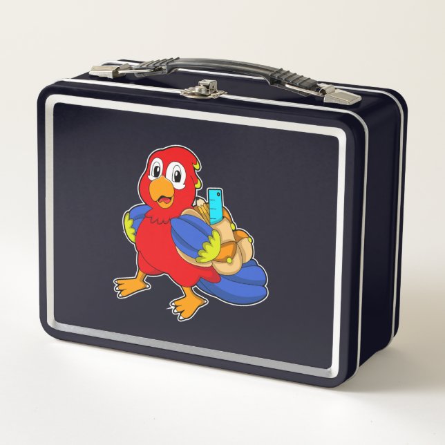 Parrot as Student with Backpack Metal Lunch Box (Front)