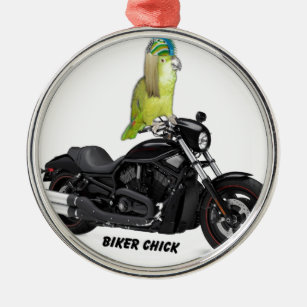Parrot Biker Chick on Metal Ornament