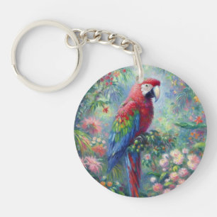 Parrot Bird Jungle Floral Impressionism Painting Keychain