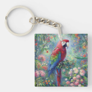 Parrot Bird Jungle Floral Impressionism Painting Keychain