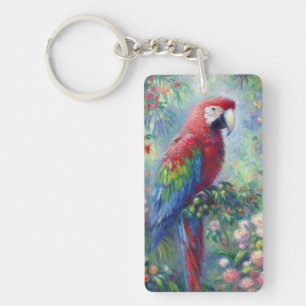 Parrot Bird Jungle Floral Impressionism Painting Keychain