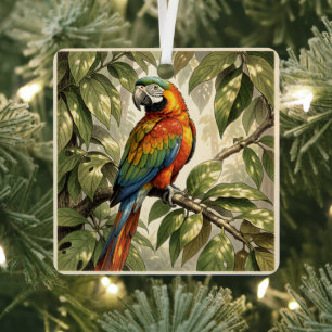 Parrot bird on tree drawing metal ornament