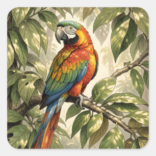 Parrot bird on tree drawing square sticker
