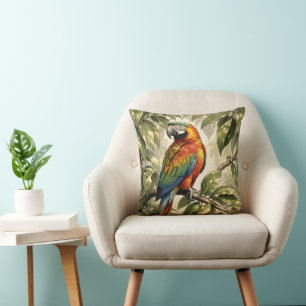 Parrot bird on tree drawing throw pillow