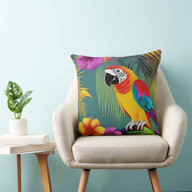 Parrot Bird Tropical Floral palms blue purple red  Throw Pillow (Chair)