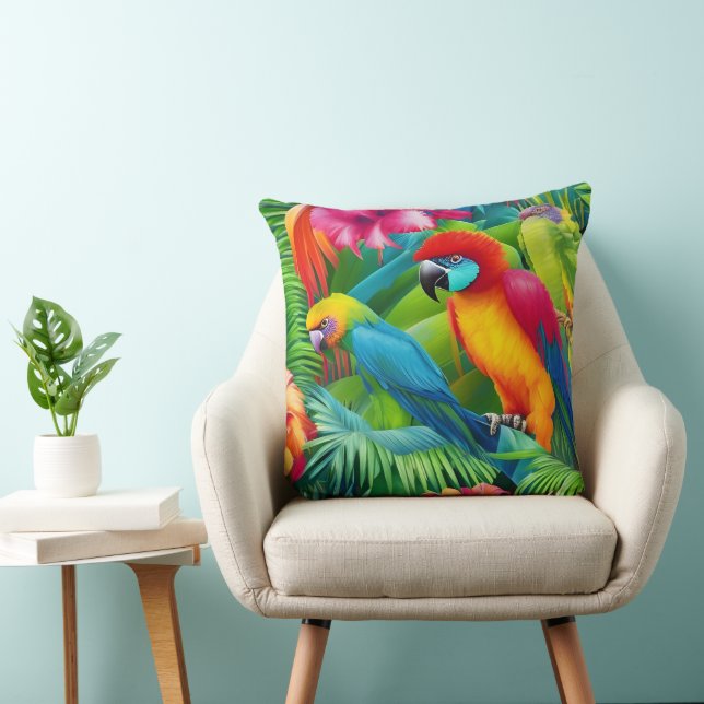 Parrot Birds Tropical Floral palms blue green  Throw Pillow (Chair)