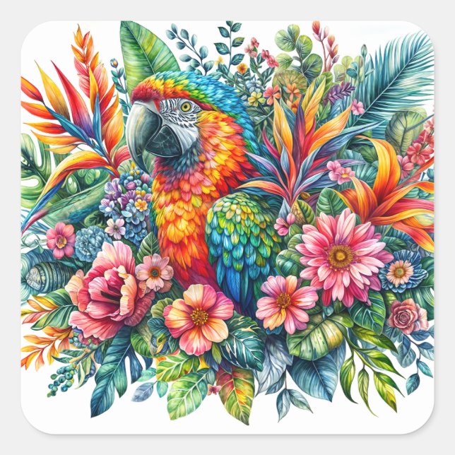 Parrot Botanical Watercolor Art Square Sticker (Front)