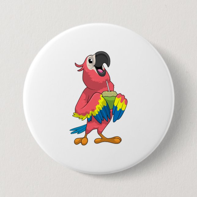 Parrot & Coconut with Drinking straw 3 Inch Round Button (Front)