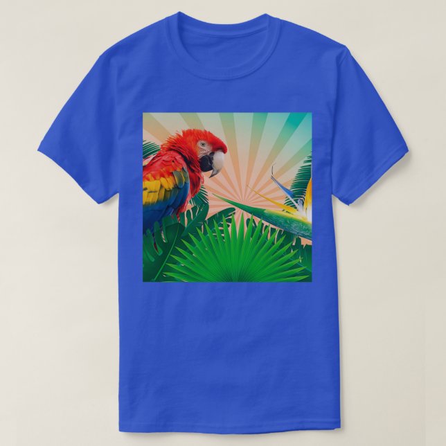 Parrot Hawaii jungle palm tree leaves sunrise retr T-Shirt (Design Front)