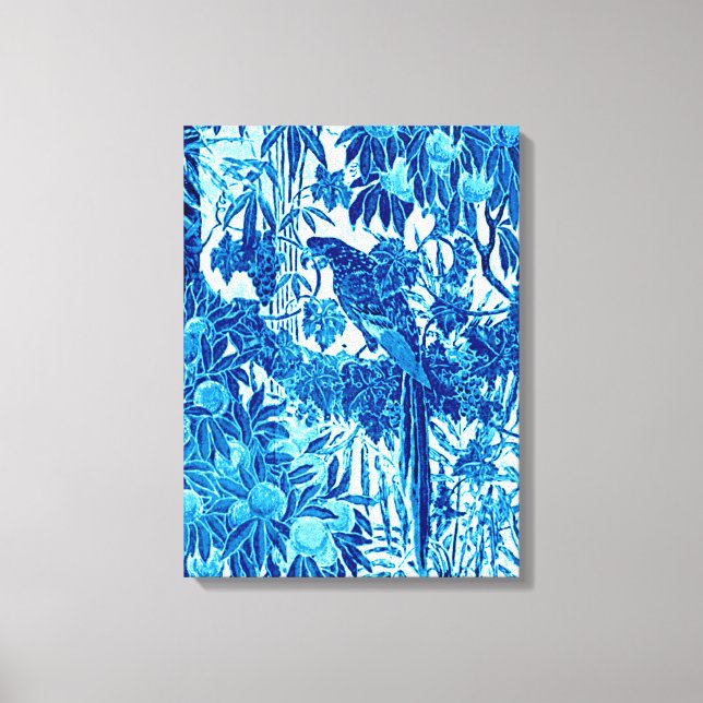 Parrot in a Jungle Setting, Indigo Blue and White  Canvas Print (Front)