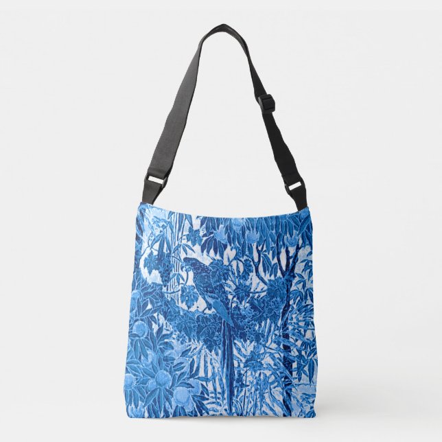 Parrot in a Jungle Setting, Indigo Blue and White Crossbody Bag (Front)
