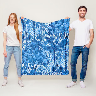 Parrot in a Jungle Setting, Indigo Blue and White  Fleece Blanket