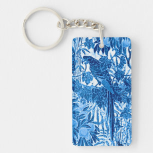 Parrot in a Jungle Setting, Indigo Blue and White  Keychain