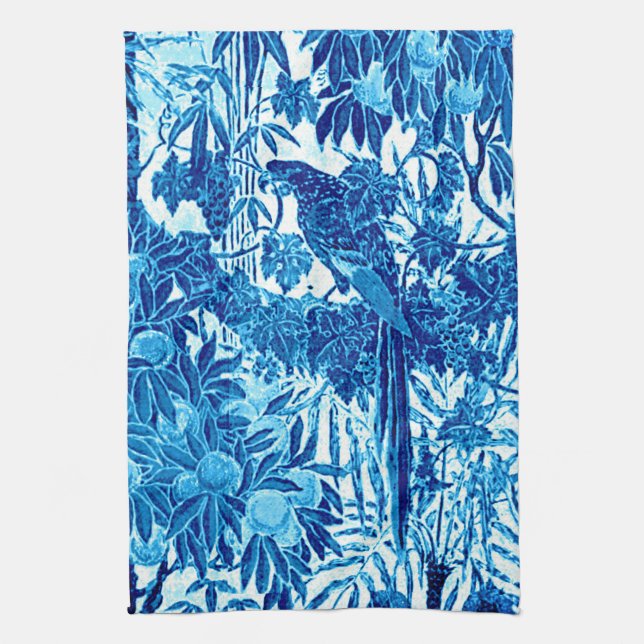 Parrot in a Jungle Setting, Indigo Blue and White  Kitchen Towel (Vertical)