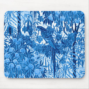 Parrot in a Jungle Setting, Indigo Blue and White Mouse Pad