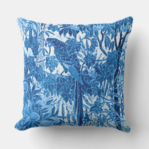 Parrot in a Jungle Setting, Indigo Blue and White Outdoor Pillow