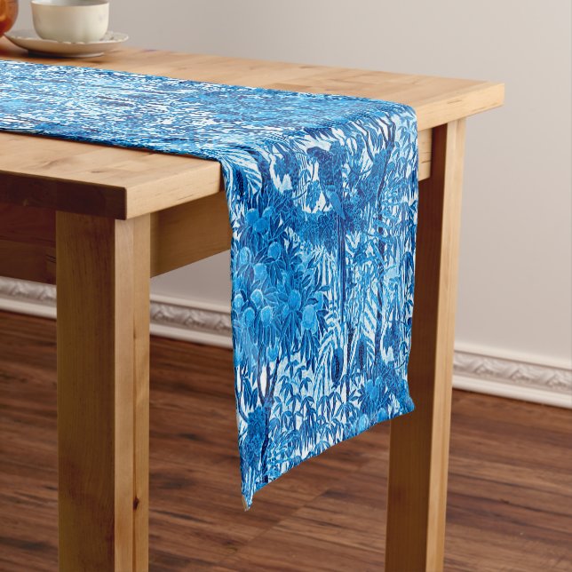 Parrot in a Jungle Setting, Indigo Blue and White  Short Table Runner (In Situ)