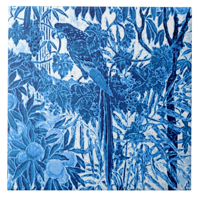 Parrot in a Jungle Setting, Indigo Blue and White Tile (Front)