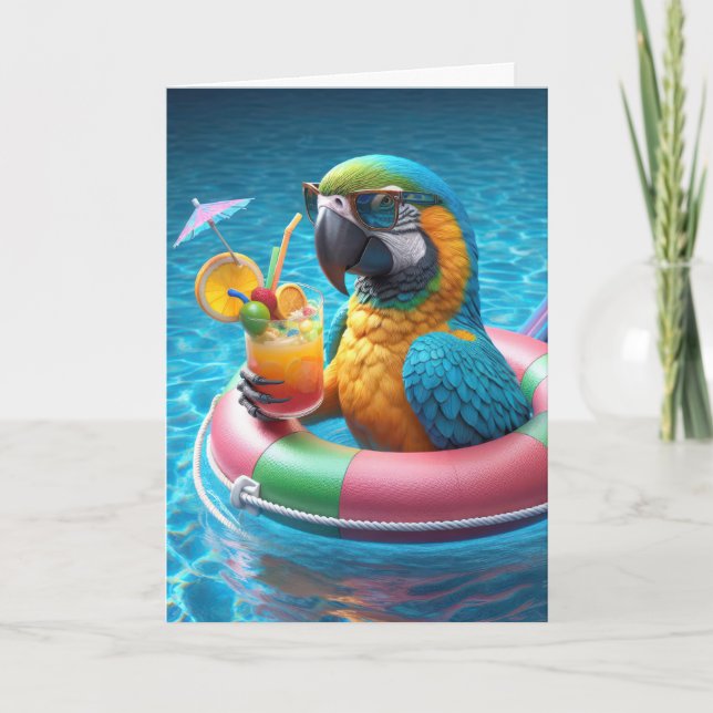 Parrot In a Swimming Pool for Birthday Card (Front)
