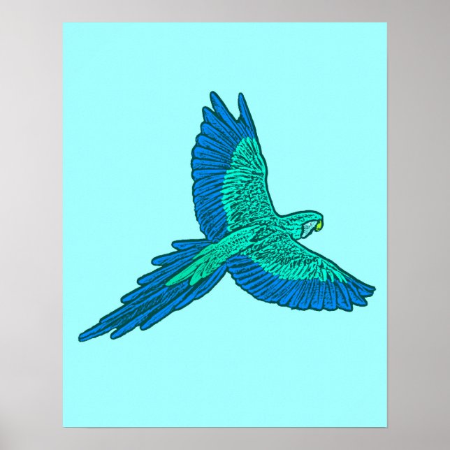 Parrot in Flight, Aqua and Cobalt Blue Poster (Front)