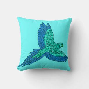 Parrot in Flight, Aqua and Cobalt Blue Throw Pillow