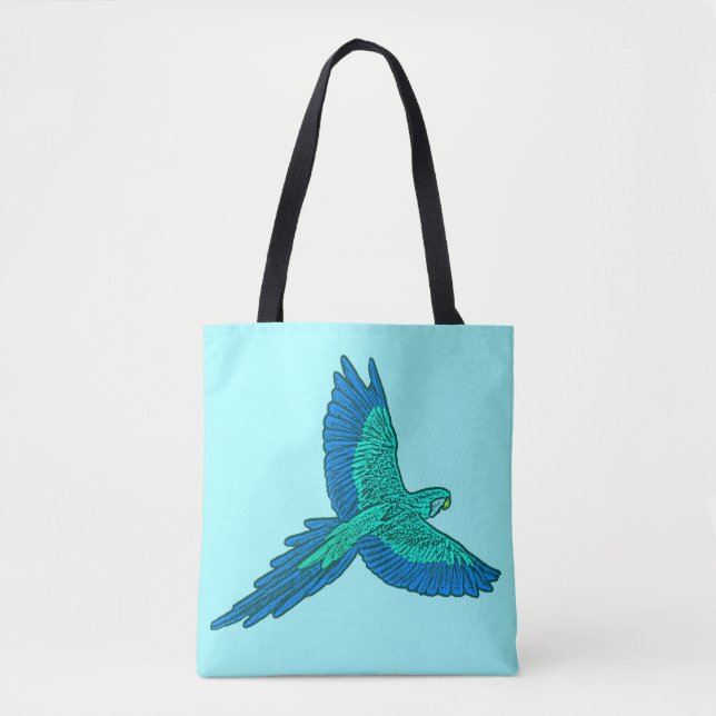 Parrot in Flight, Aqua and Cobalt Blue Tote Bag (Front)