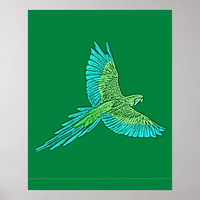 Parrot in Flight, Jade Green and Turquoise Poster (Front)