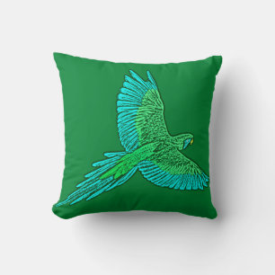 Parrot in Flight, Jade Green and Turquoise Throw Pillow