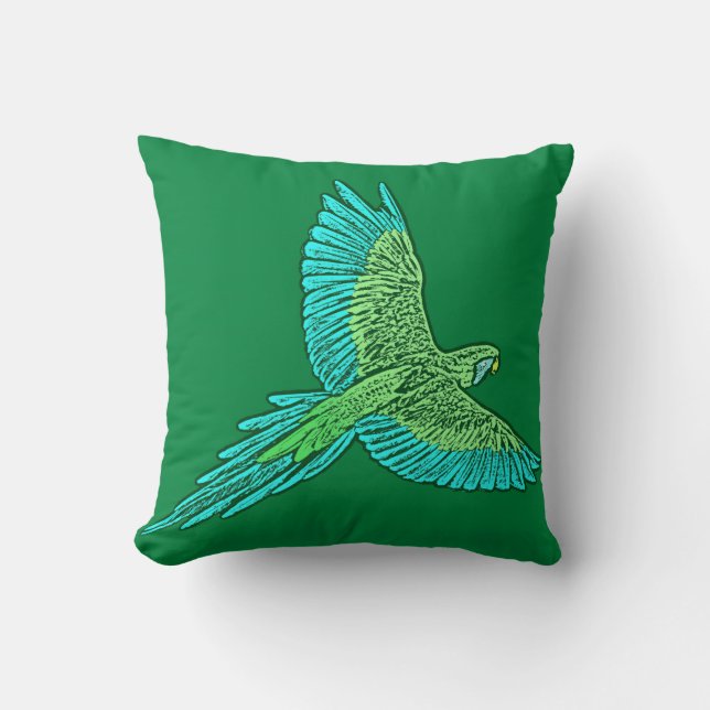 Parrot in Flight, Jade Green and Turquoise Throw Pillow (Front)