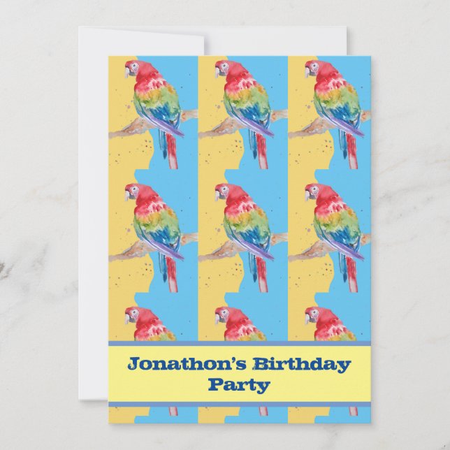 Parrot Macaw Blue Bird Birthday Childs Boys yellow Invitation (Front)