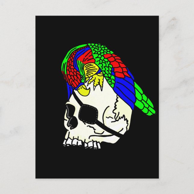 Parrot On Pirate Skull With Black Background Postcard (Front)