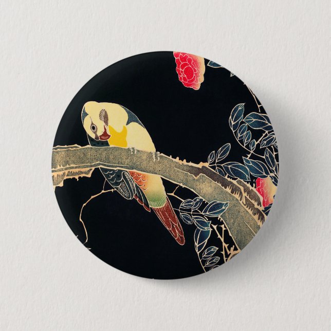 Parrot on the Branch of a Flowering Rose Bush 2 Inch Round Button (Front)