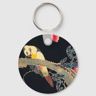 Parrot on the Branch of a Flowering Rose Bush Keychain