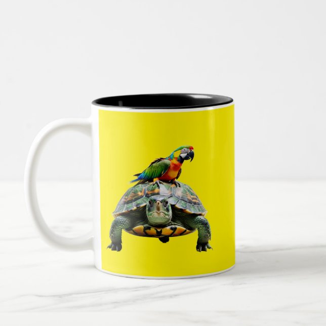 parrot on turtle Two-Tone coffee mug (Left)