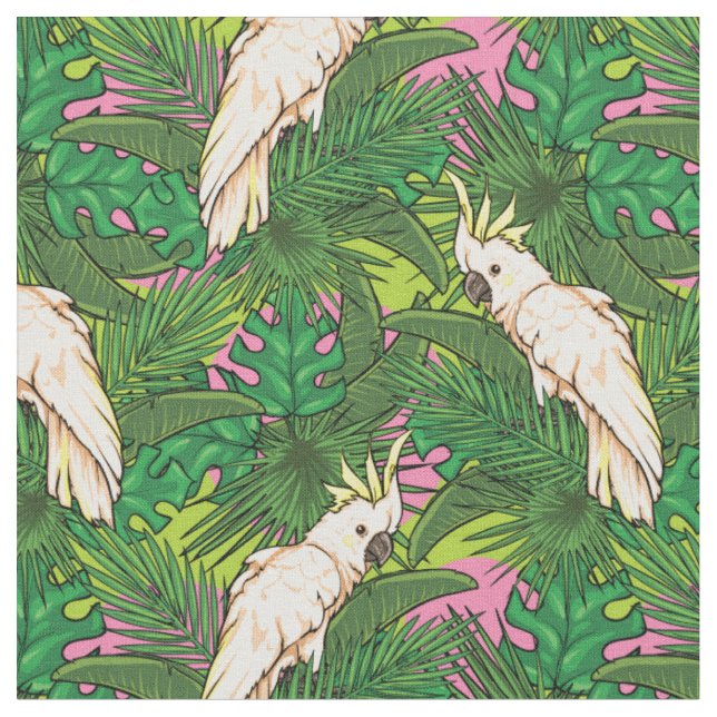 Parrot Pattern With Palm Leaves Fabric (Close Up)