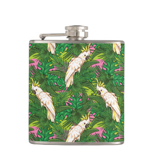 Parrot Pattern With Palm Leaves Hip Flask