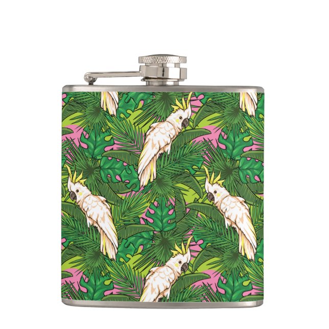 Parrot Pattern With Palm Leaves Hip Flask (Front)