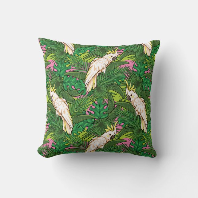Parrot Pattern With Palm Leaves Throw Pillow (Front)
