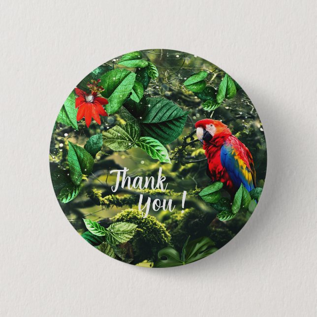 Parrot scarlet macaw in jungle with flowers 2 inch round button (Front)