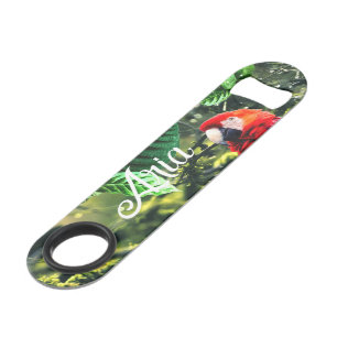 Parrot scarlet macaw in jungle with flowers bar key